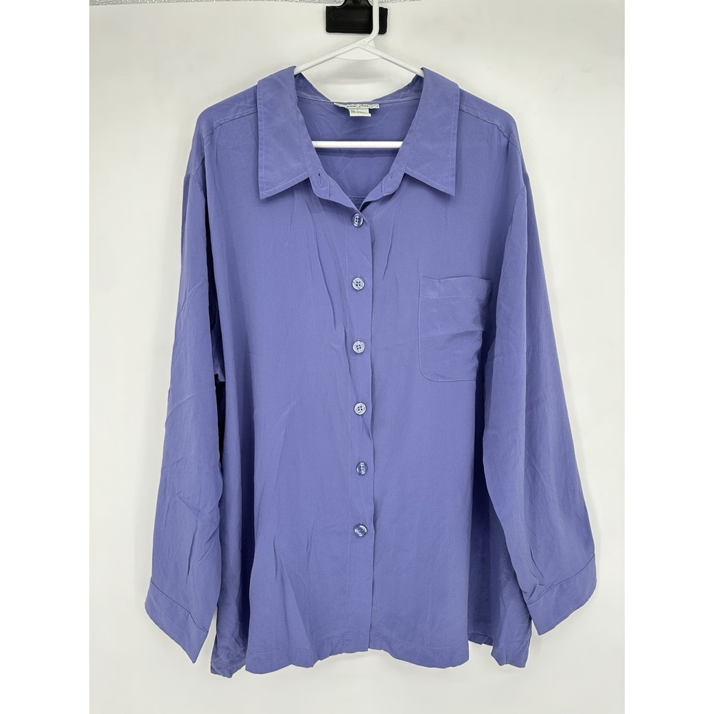 Stephanie Andrews 100% Silk Blouse 1X Purple Button Front Career Office Luxe Top